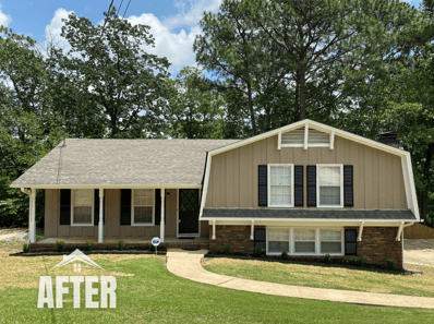 Curbside view of renovated property, titled "After"