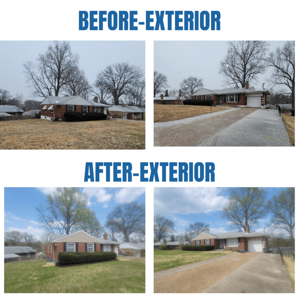 Before and after photos of the property exterior