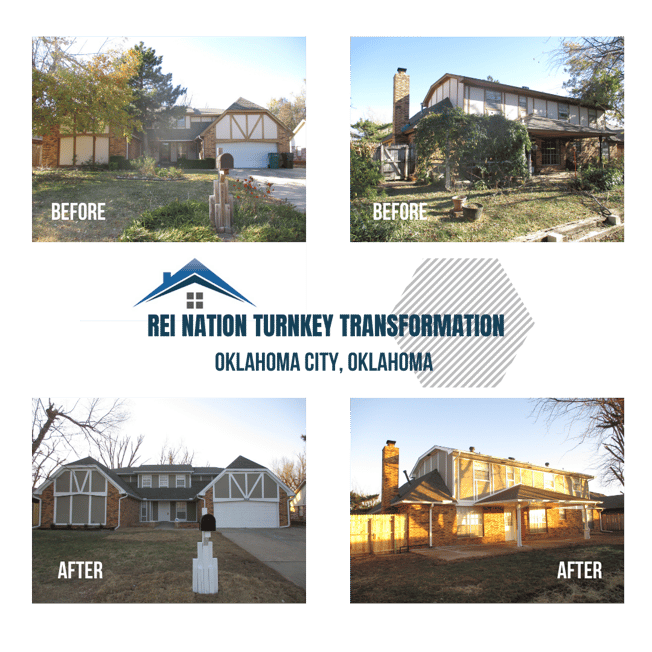 Before and after picture of the exterior of a house: "REI Nation Turnkey Transformation: Oklahoma City, OK"