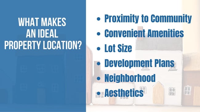 Graphic about what makes an ideal property location: proximity to community, convenient amenities, lot size, development plans, neighborhood, and aesthetics