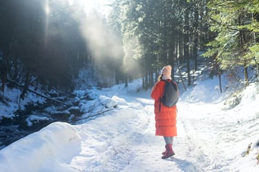 Woman walking in a sunny winter forest